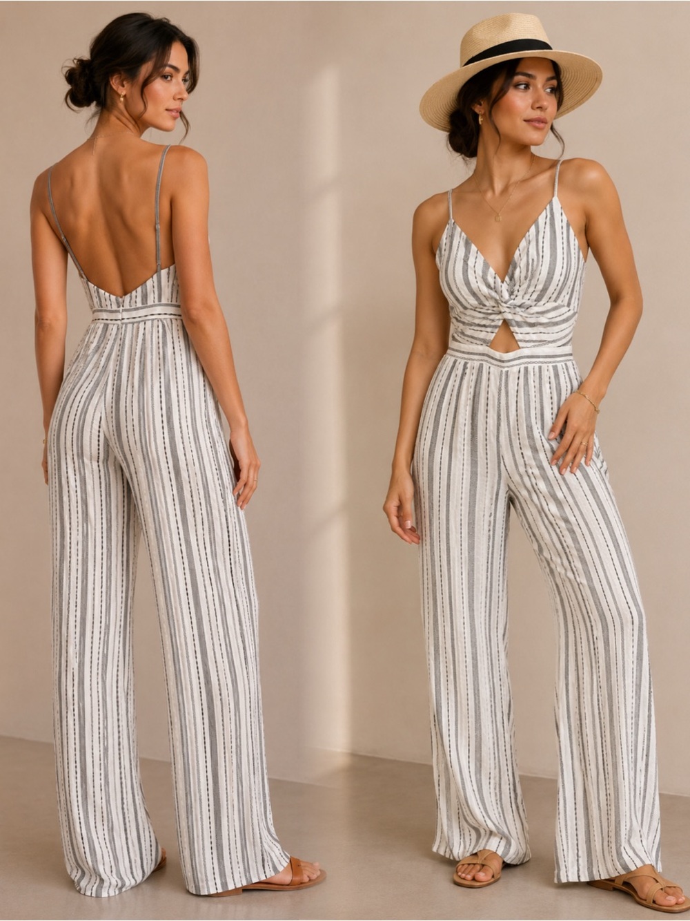 Hot & Delicious Ivory and Gray Striped Twist-Front Wide-Leg Jumpsuit